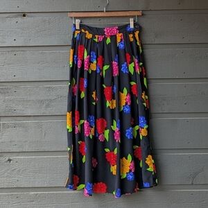 VTG 80s Chaus Petites Black Vibrant Floral Maxi Skirt Size 6 Petite Lightweight